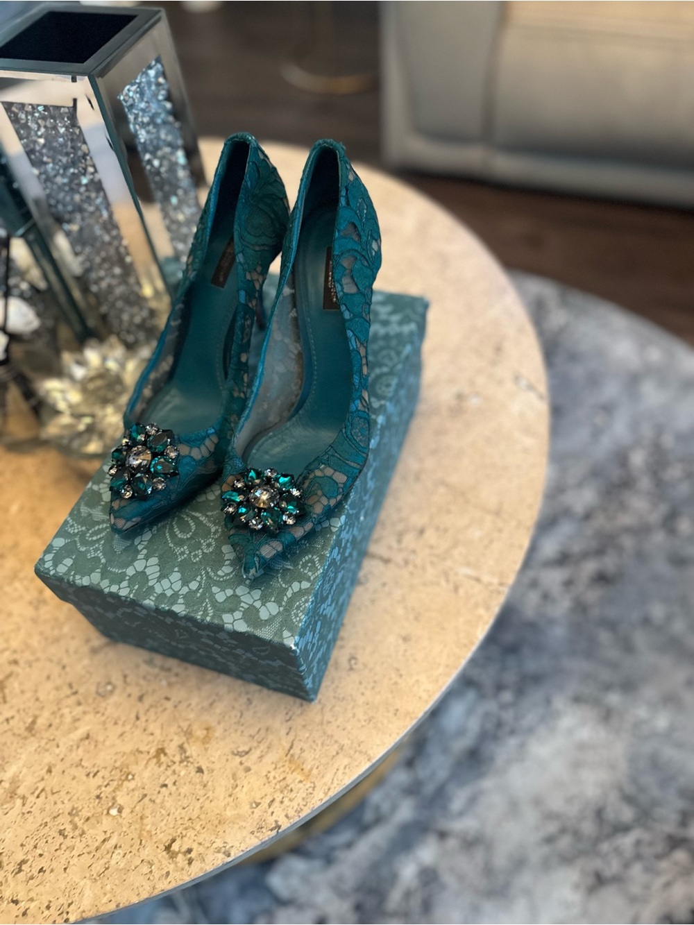 Dolce & Gabbana Bellucci Petrol Green Lace Crystal Pumps Heels with Jewel Brooch